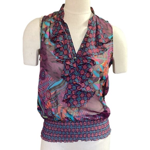 Bisou Bisou Sleeveless Sheer Ruffle V-Neck Smock Waist Top Sz S 70R - Picture 1 of 7